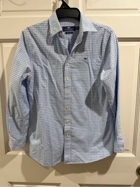Vineyard Vines Boys Light Blue and White Check Button-Down Shirt Size large 16